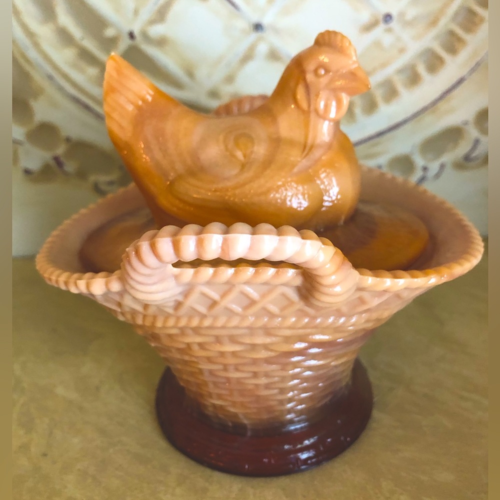 RARE Vintage Beauty!! Amber-Butterscotch Swirl Hen on Nest w Handles EXC COND!!!